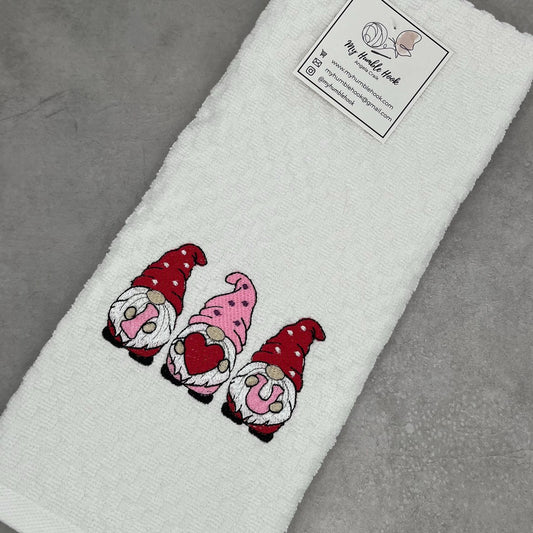 I Heart You Kitchen Towel / Pink and Red Gnomes Decorative Towel / Valentines Day Hand Towel