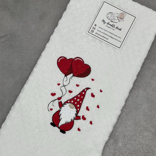 Love is in the Air Gnome Kitchen Towel / Heart Balloons Decorative Towel / Valentines Day Hand Towel